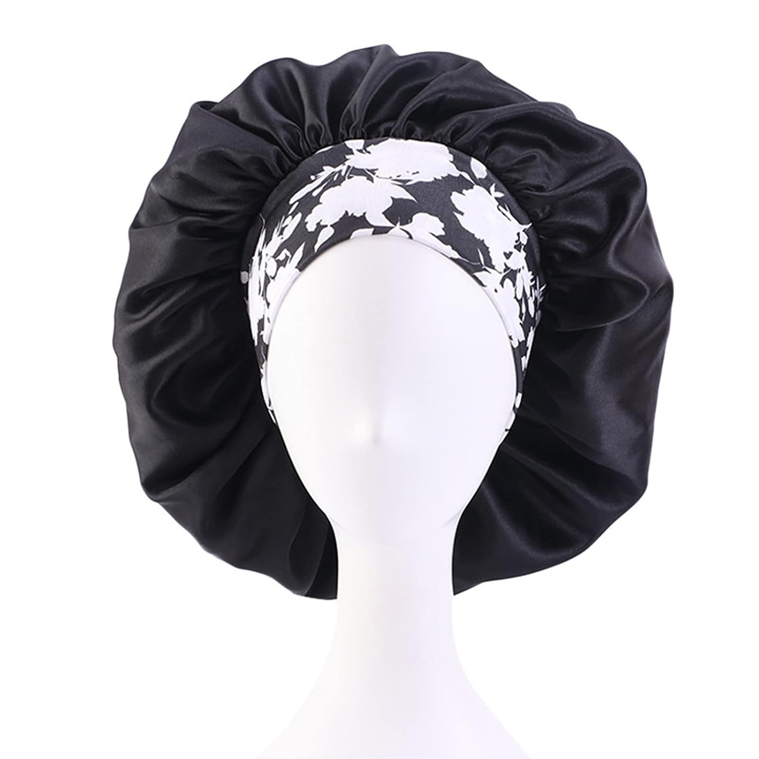 Large Silk Satin Hair Bonnet Sleeping Cap Comfortable Wide Elastic Band Durable Breathable for Women Curly,Braids, Dreadlocks, Long Hair Makeup Skin Care (Navy+Black)
