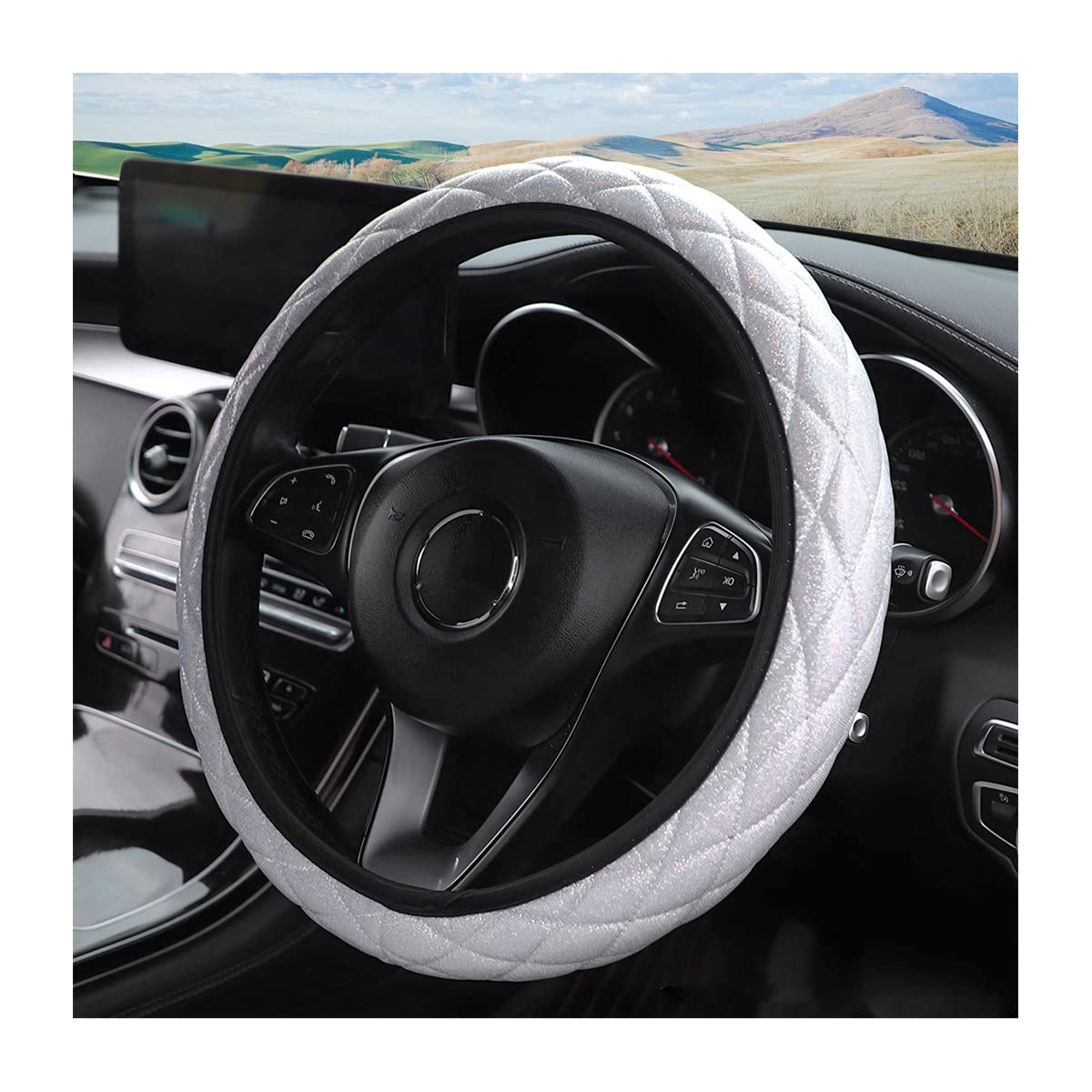 Moly Magnolia Leather Steering Wheel Cover with Bling Rhinestones, 15 Inch Elastic Anti-Slip Protector, Crystal Sparkly Colorful Diamond for Women Girls, Universal Auto Interior Accessories (White)