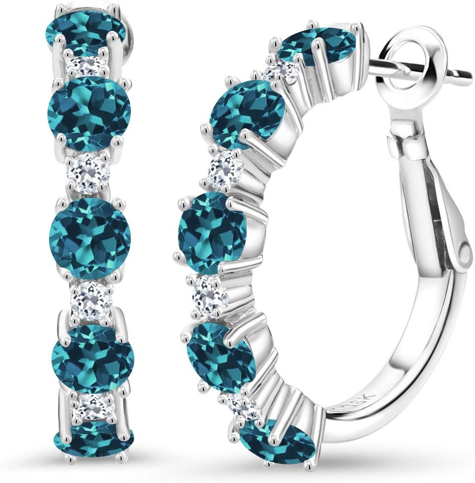 Gem Stone King Alternating Hoop Earrings for Women | 925 Sterling Silver | Gemstone Birthstone and White Topaz | Round 4MM and 1.9MM Stones | 1 Inch Diameter Hoops | Fine Jewelry for Her Mom Wife