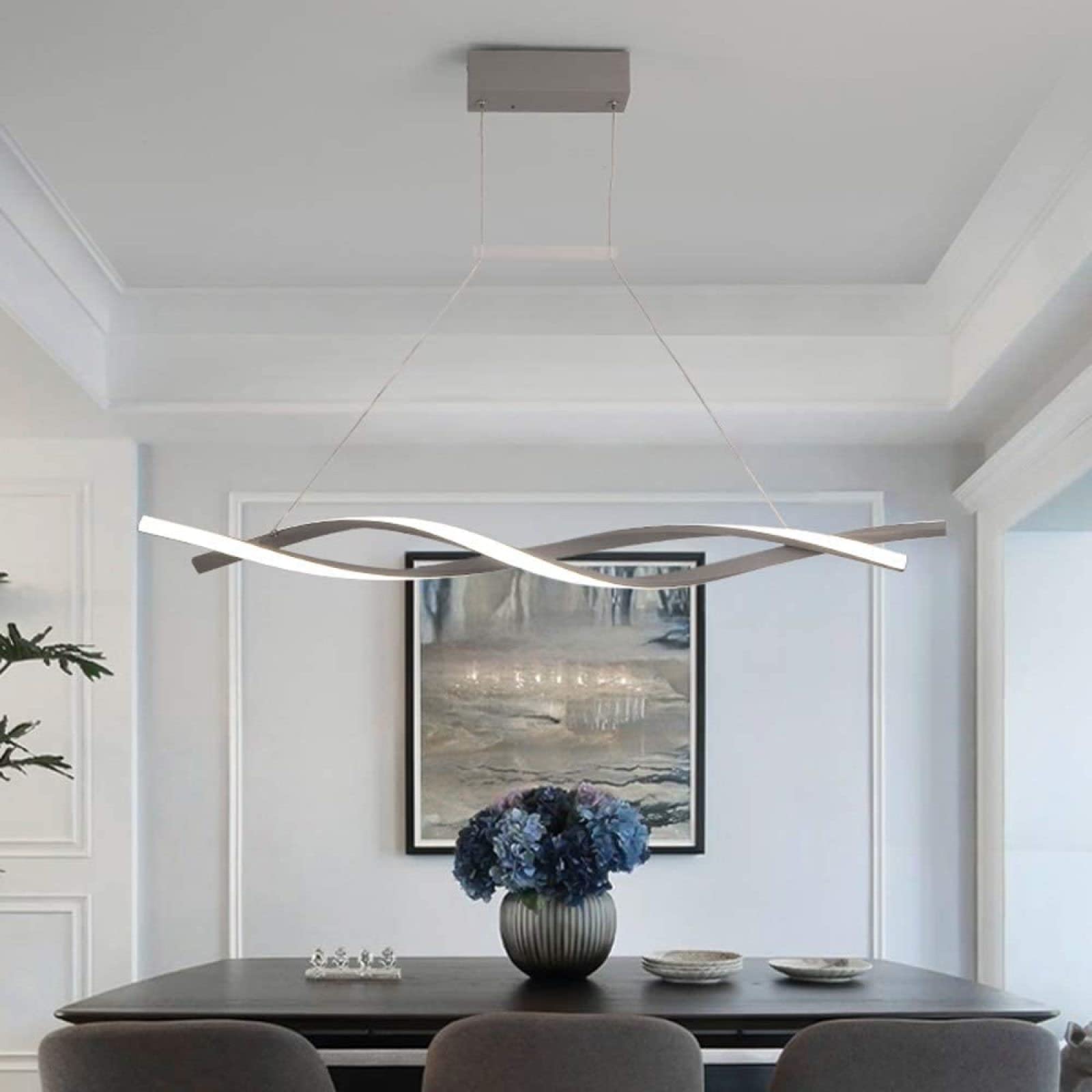 KXEcoLife Wave Design LED Pendant Light Curl Linear Adjustable Hanging Lamp Nordic Style Modern Spiral Chandelier for Kitchen Island Dining Table Living Room,Grey+Stepless Dimming-80cm
