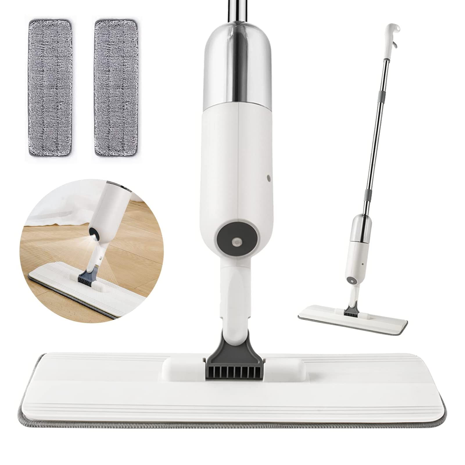 TAME Spray Mop for Floor Cleaning, 2 Washable Microfiber Pads, 350ml Refillable Water Tank, Hardwood, Laminate, Tile, White