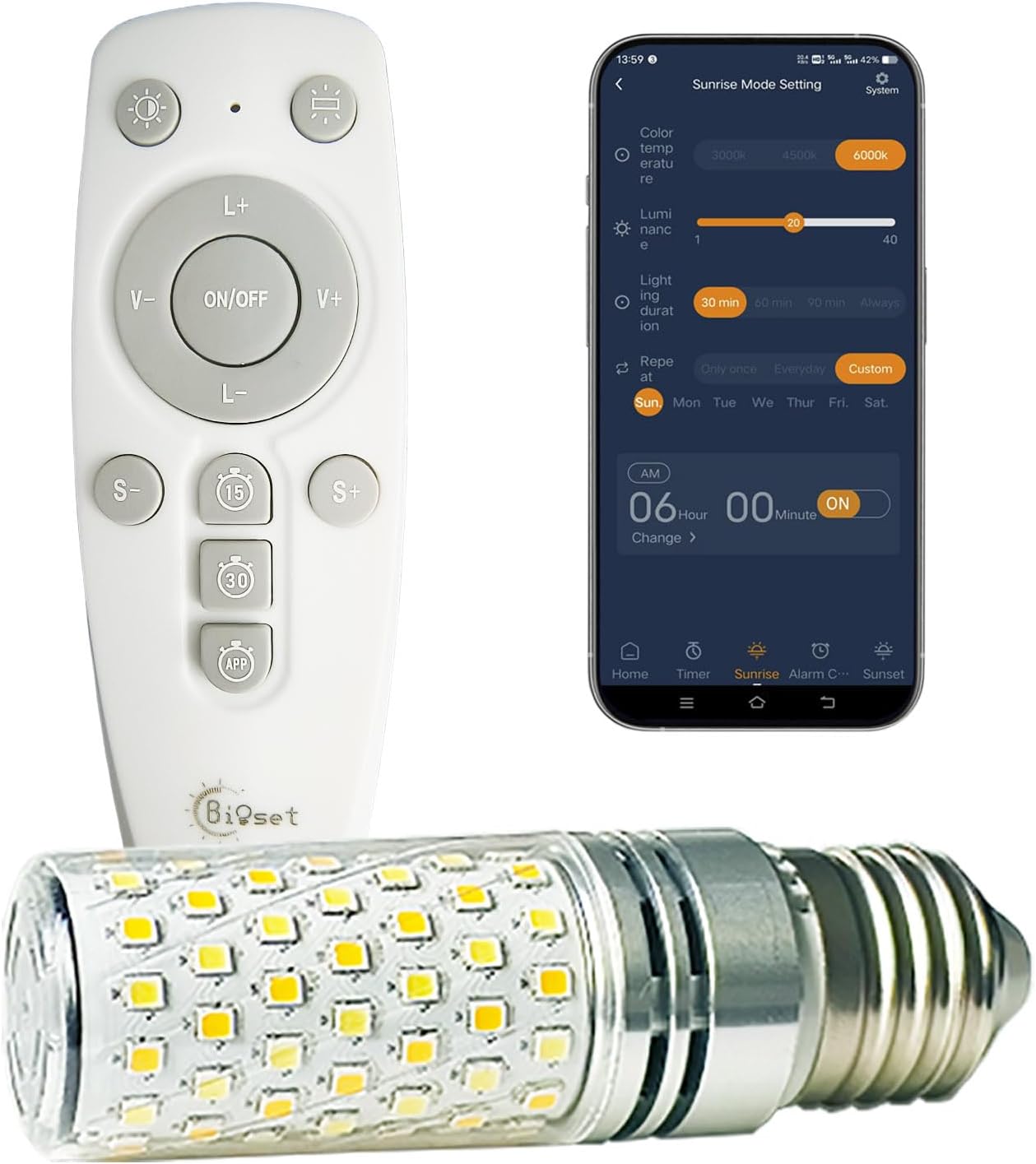 LED Wake-Up Light Bulb – Sound & Light Wake-Up, Sunrise & Sunset Simulation, Natural Sounds & 3 Light Colors for Wake-Up, Sleep Aid & Lighting, APP + Remote, Reset Circadian Rhythm, 800 Lumens