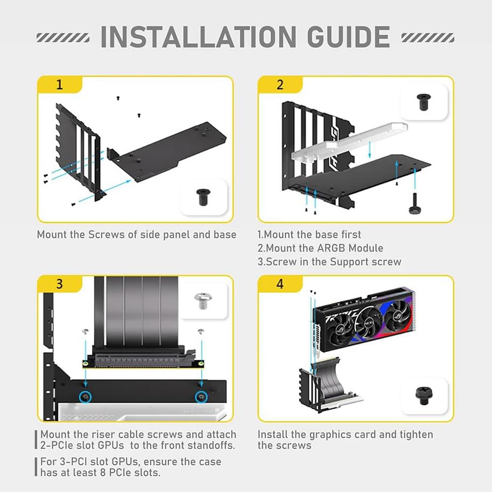 Kit di supporto per scheda grafica verticale con cavo Riser PCI-E 4.0 X16 da 15 cm, kit di supporto per scheda video ad angolo retto di 90 gradi, supporto per scheda grafica (nero lucido