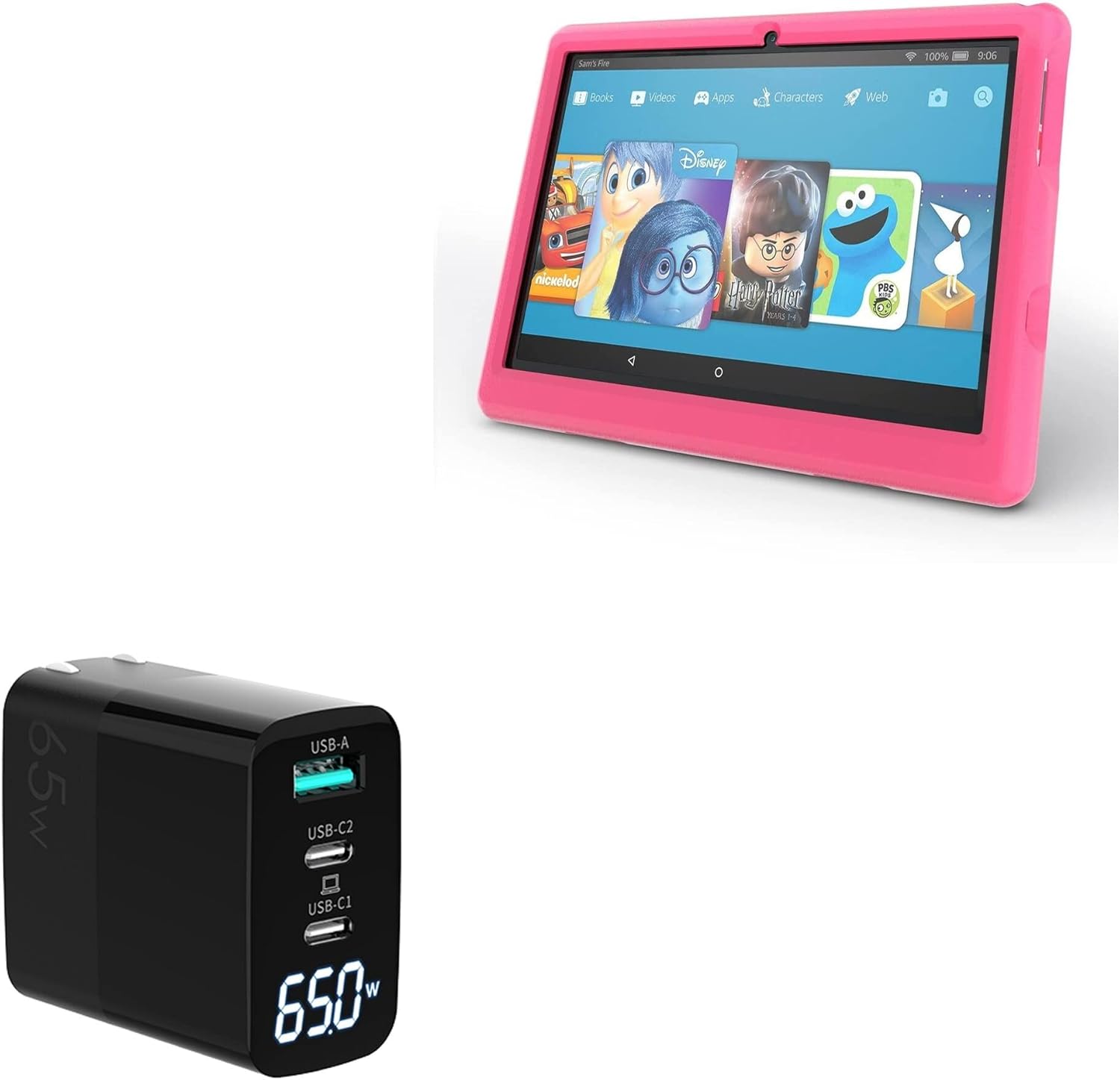 BoxWave Charger Compatible with Paxodo Android 10 Tablet PC PXD10069 (10 in) - PowerDisplay PD Wall Charger (65W), GaN 65W Powerful Folding Plug LCD Display - Jet Black