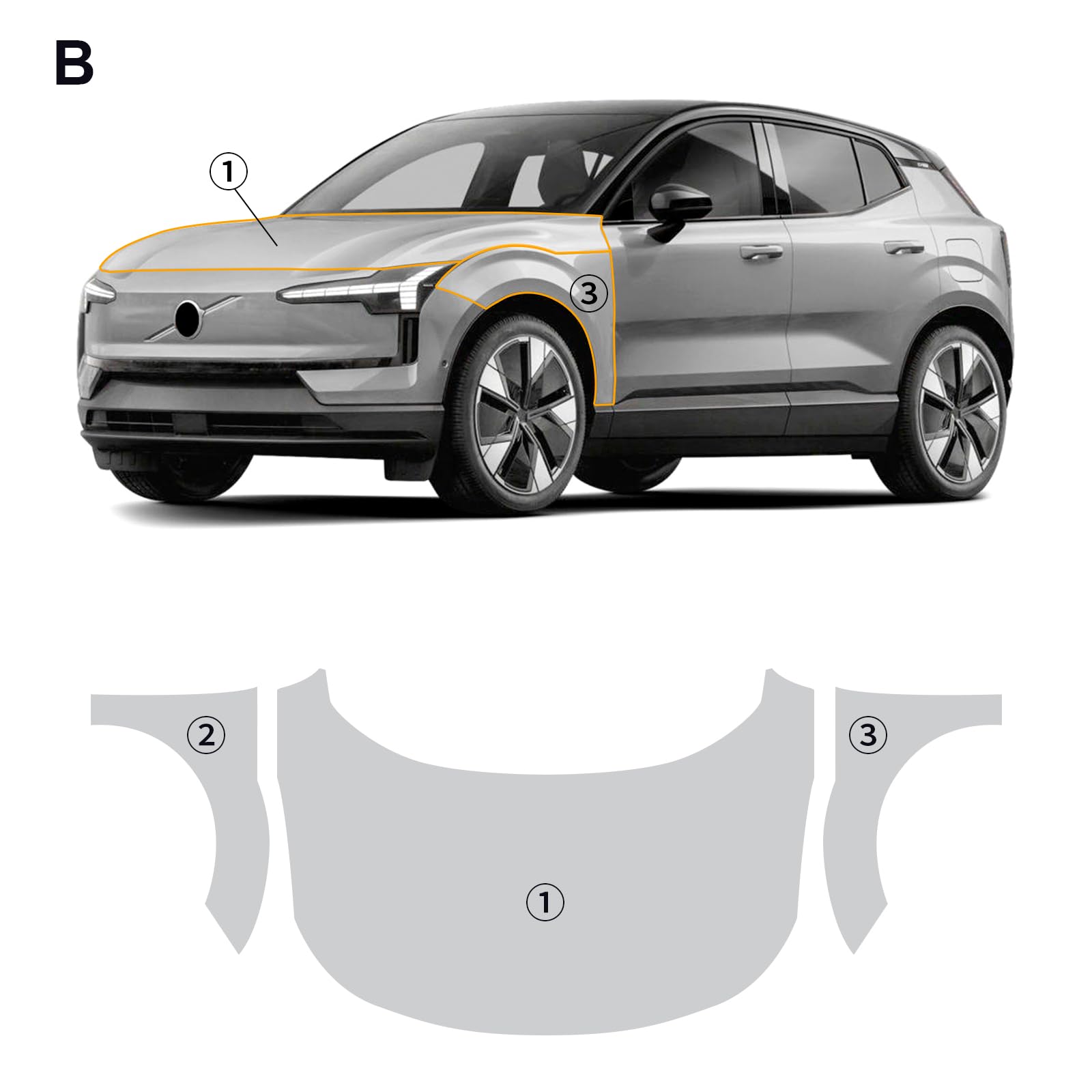 für Volvo EX30 2023 2024 2025 Auto-Lackschutzfolie Vorgeschnitten TPU Transparent Selbstklebend Regenfest Wasserdicht HD Kratzfest für Volvo zubehör (Motorhaube+Kotflügel 3St.)