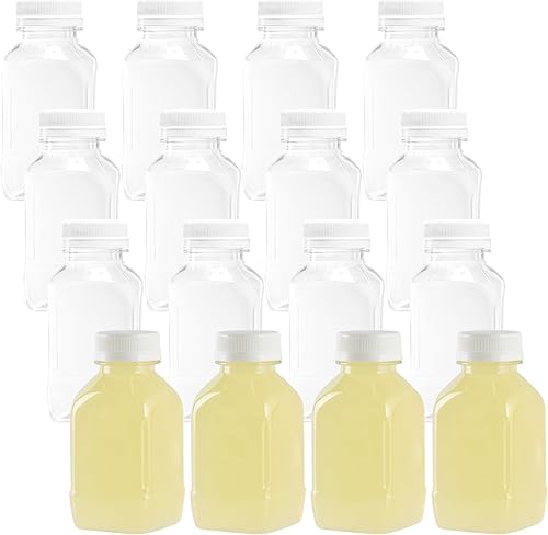 Restaurantware - Botellas de jugo de 8 onzas, 100 botellas desechables transparentes con tapas - tapas blancas de plástico incluidas, botella de