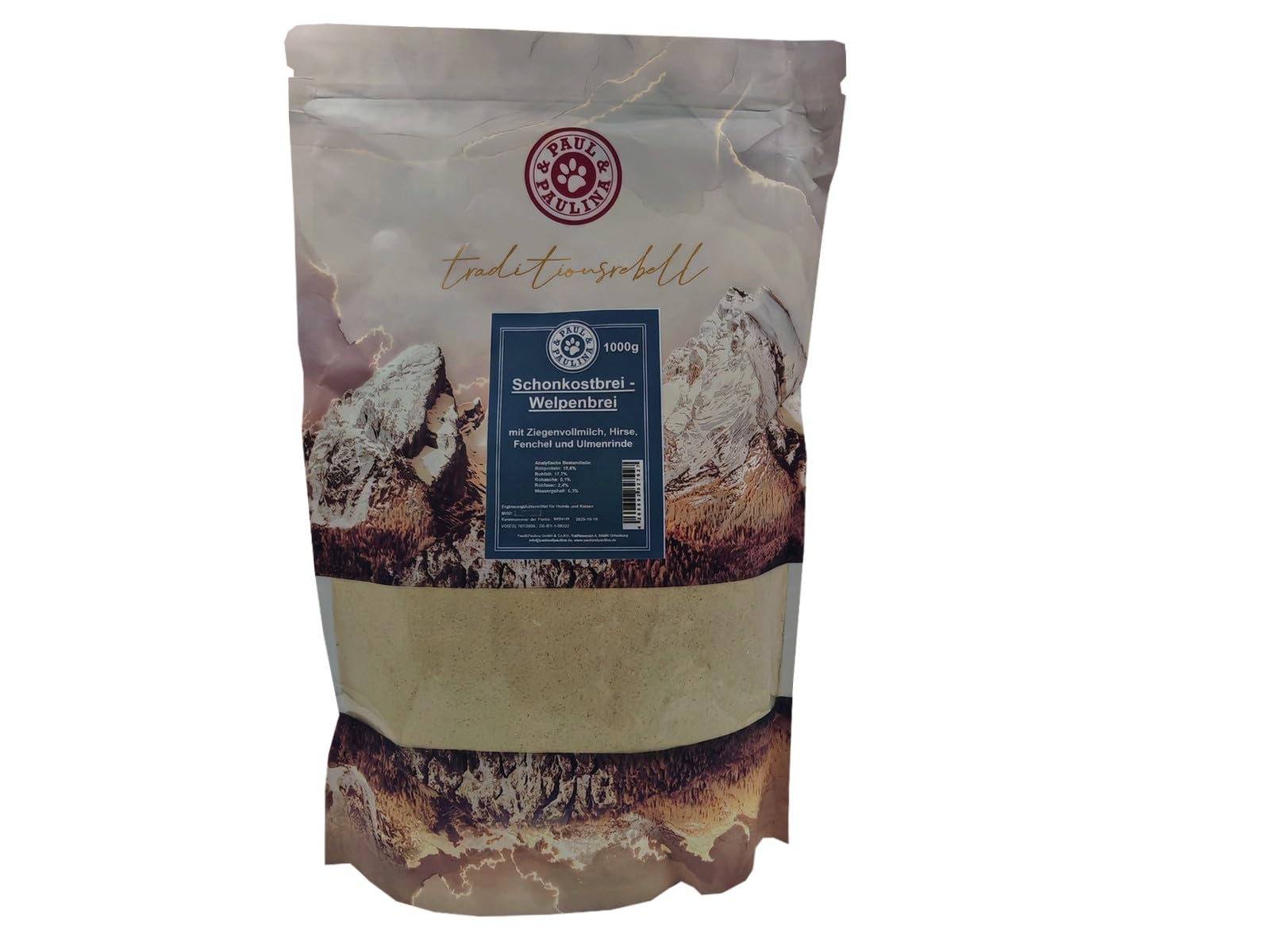 Paul & Paulina Schonkostbrei/Welpenbrei 1kg mit Ziegenvollmilchpulver, Hirse, Fenchel I Ergänzungsfuttermittel für Hunde und Katzen