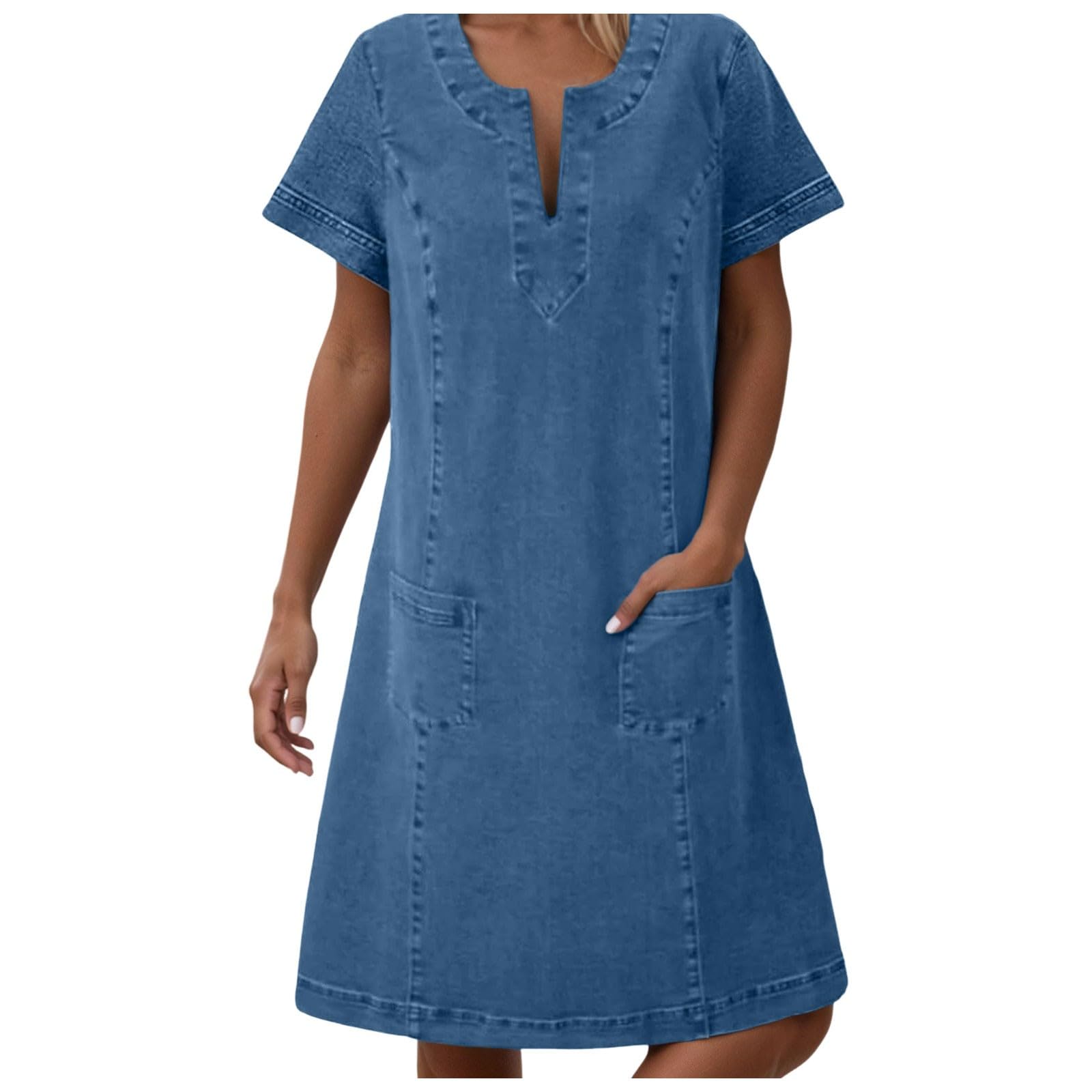 Robe d'été élégante et décontractée sans manches en jean avec col rond et poches pour femme semi-formelle