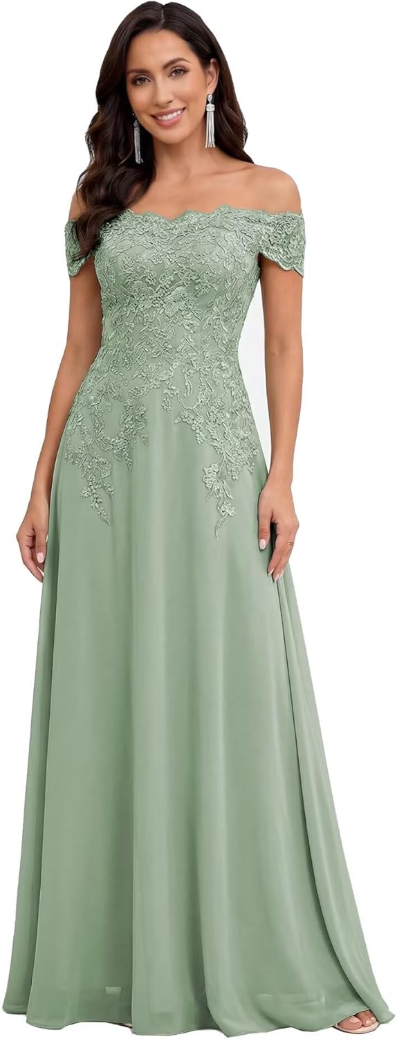 Off the Shoulder Mother of the Bride Dresses Chiffon Lace Appliques Long Formal Dress OE164