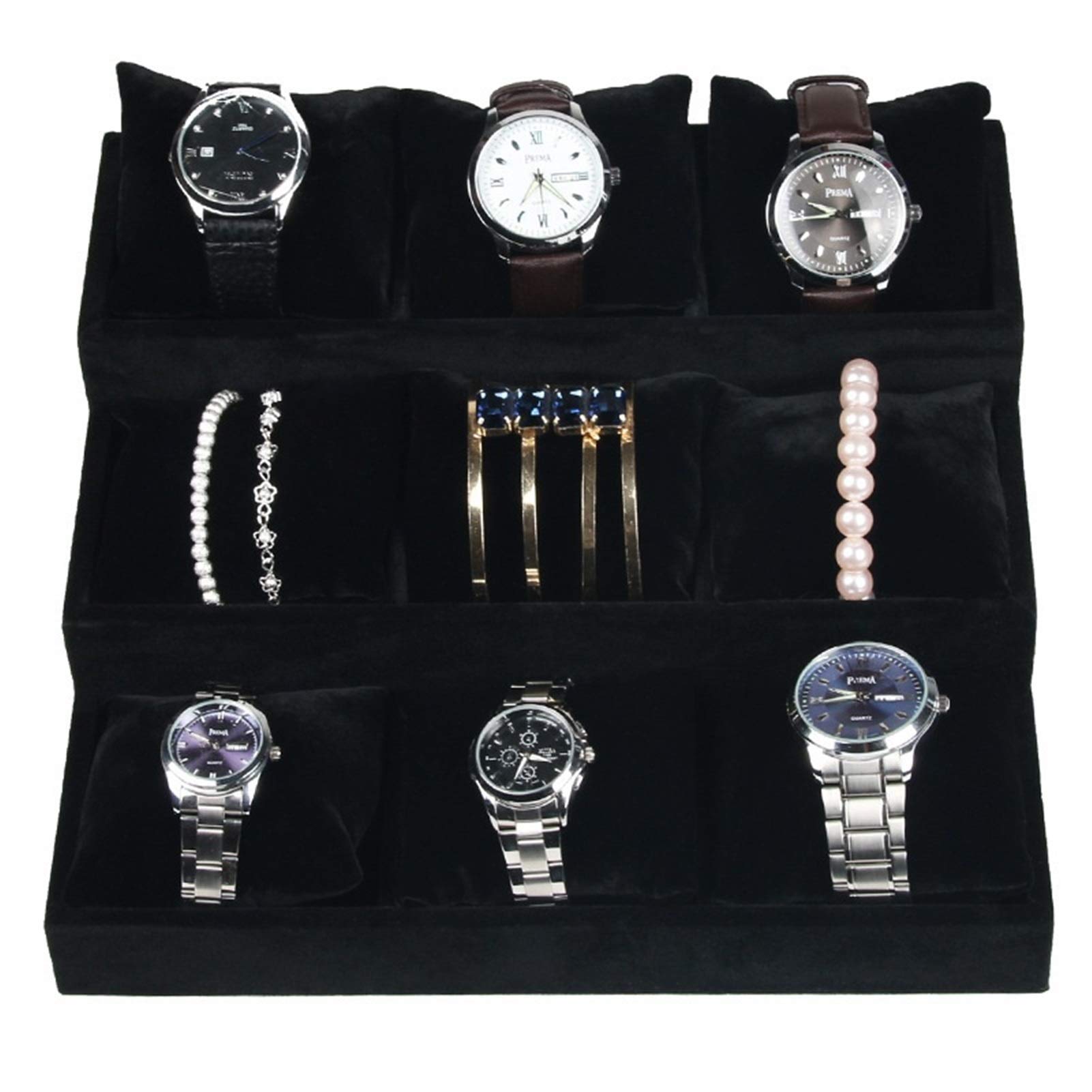 Uhrenbox, 3-stufiger Uhren-Organizer für Vitrine, Schublade, 9 Fächer, Aufbewahrung von Schmuck, Ständer, Vitrine, Schmuckaufbewahrung, Theke, Uhrenetui aus Eisvliesstoff (Farbe: schwarzer Samt)