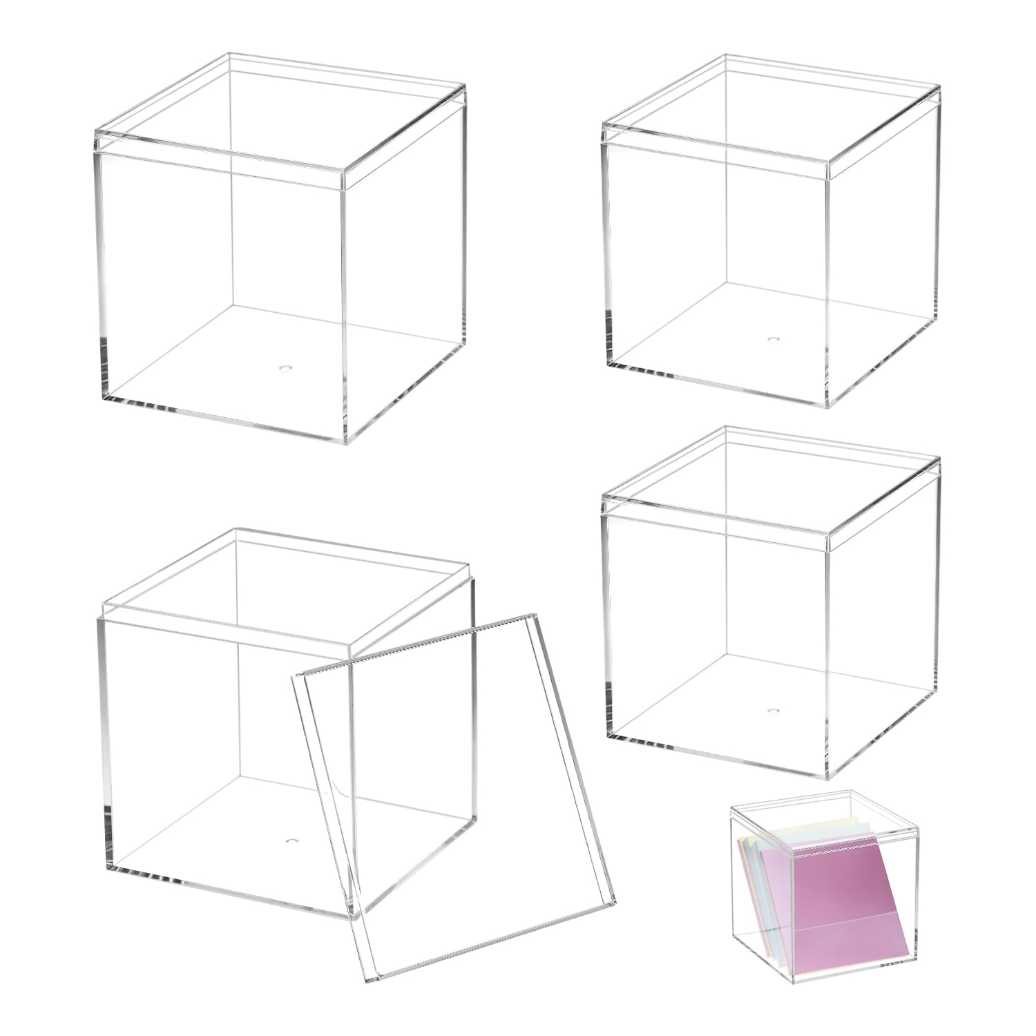 QWORK® 4 Pcs Acrylic Display Box, Storage Cubes, 10 * 10 * 10CM + 8.5 * 8.5 * 8.5CM, Clear Box With Lid, For Storing Candy, Hair Accessories, Toys