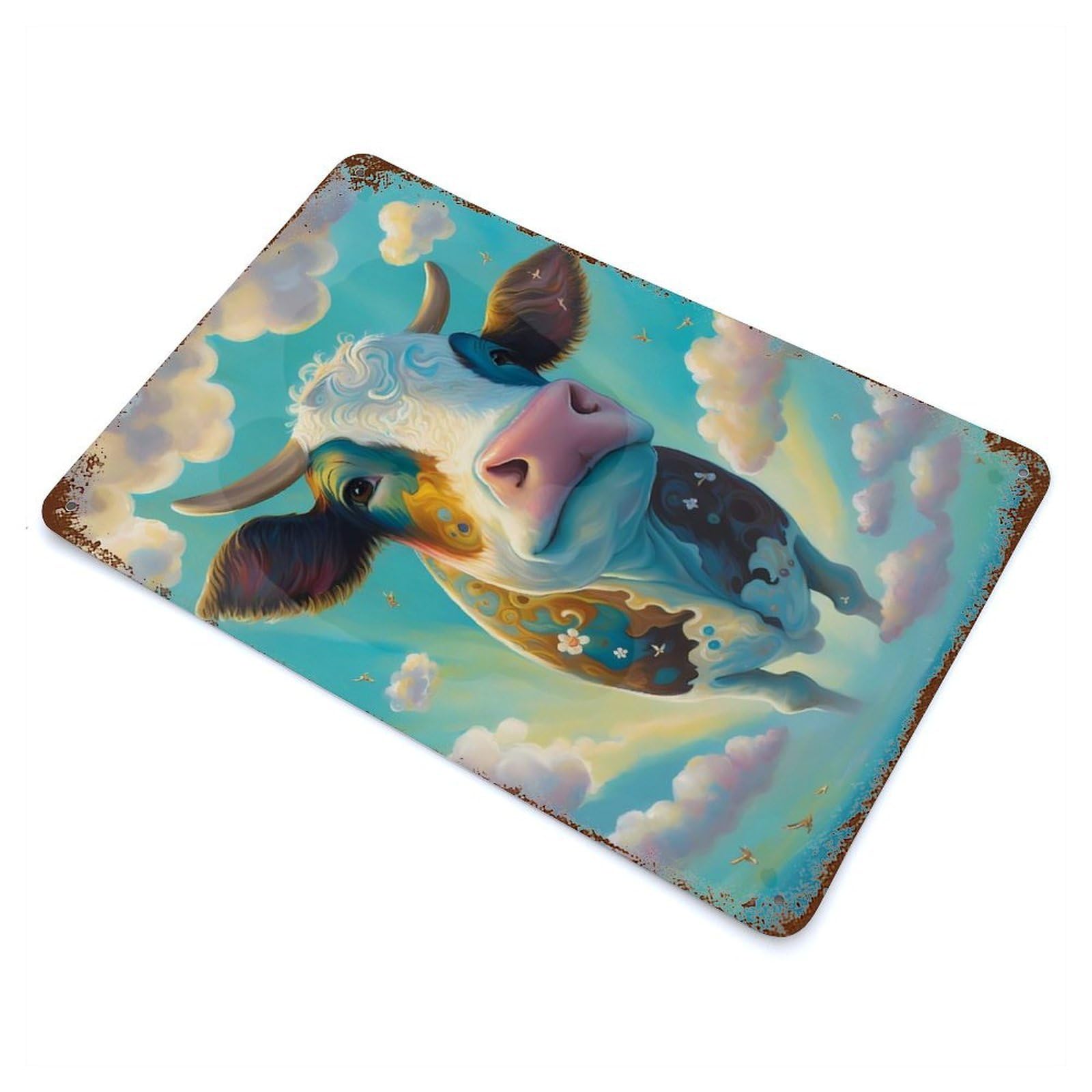 Cow Otherworldly 11.8"x7.9" Aged Metal Wall Plaque, Novelty Wall Decor for Shed, Workshop And Garage Wall Decor