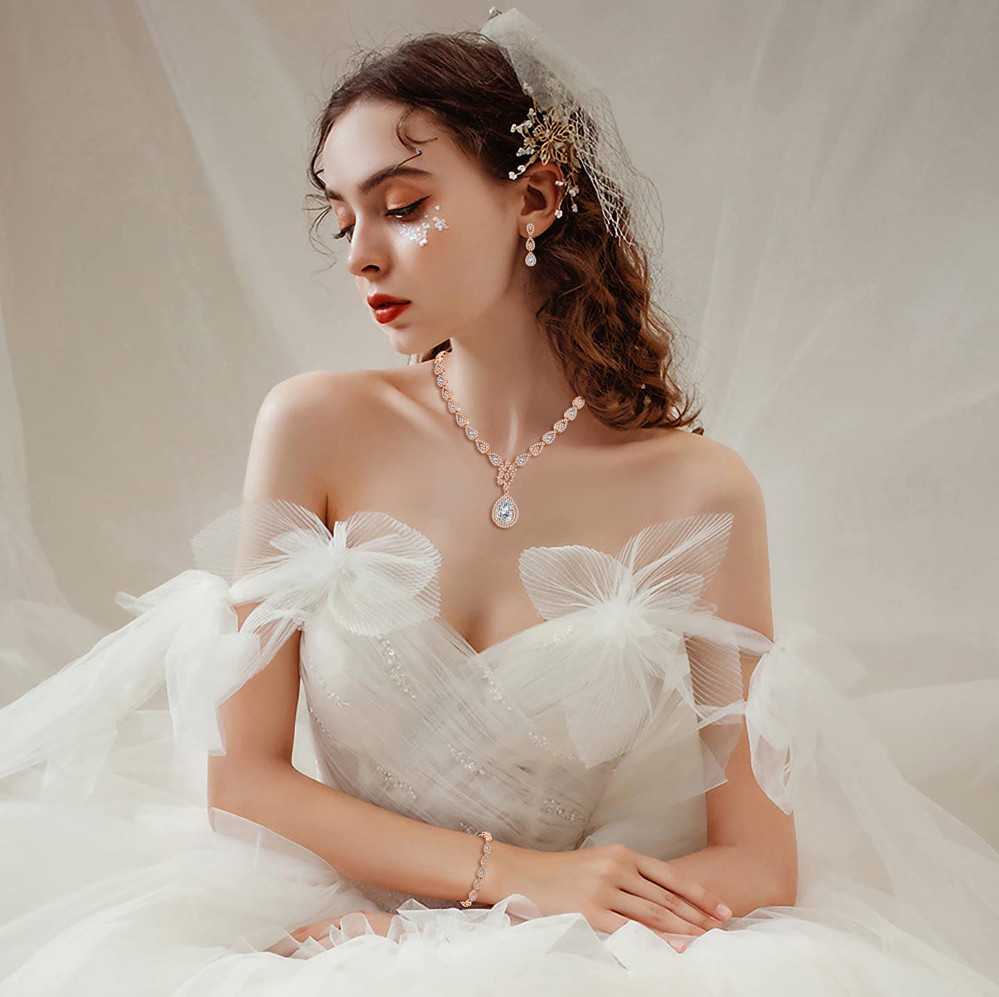 Set di gioielli per matrimonio, collana e orecchini, da appendere e bracciale, argento, oro rosa/oro, da sposa, con zirconi bianchi AAAAA, in fidanzamento, per gli amanti della sposa e delle