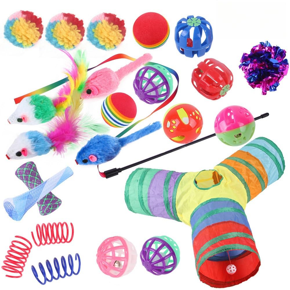 24 PCS Interactive Cat Toys Set for Indoor Cats, Kitten Toys Assortment, Include Cat Tunnel, Cat Teaser Wand, Fluffy Mouse Feather Toy, Jingle Bells Balls Set Toys for Cats Kitty (Y Tunnel)