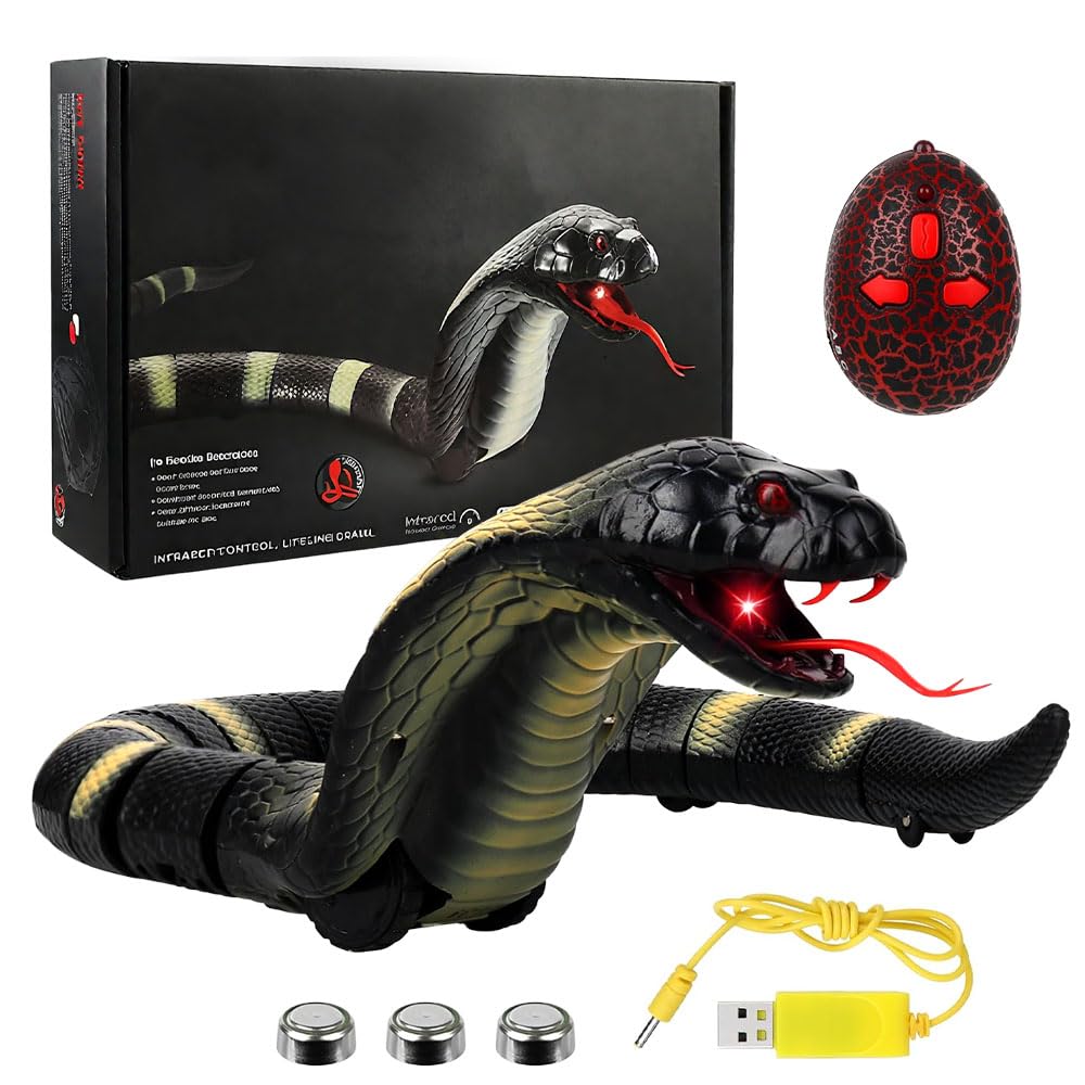 Serpiente teledirigida, RC teledirigido cobra serpiente, serpiente de juguete eléctrico, con mando a distancia, ojos LED brillantes, lengua retráctil