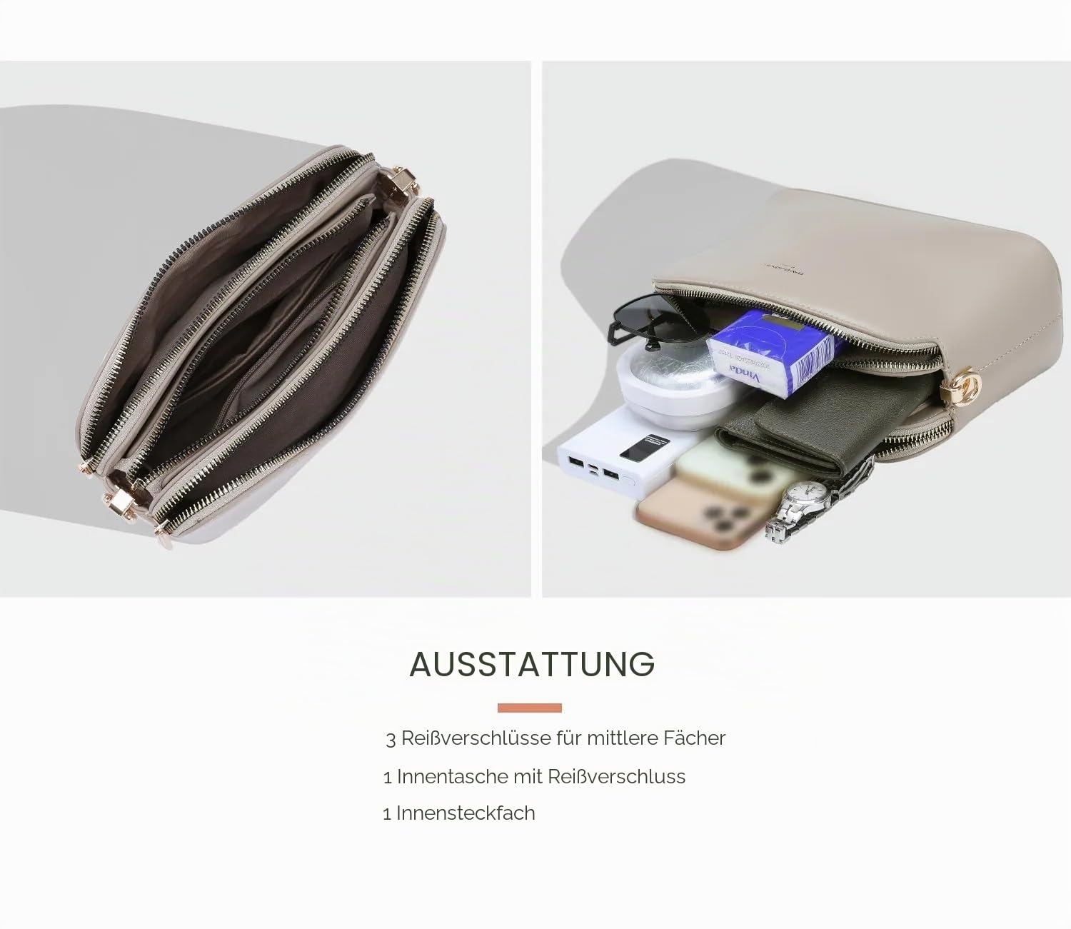David Jones - Damen Kleine Umhängetasche - Schultertasche PU Leder Viele Fächer 3 Reißverschlüssen Frau - Crossbody Bag mehrere Taschen - Modisch Elegant Handtasche Alltag Abend Freizeit -