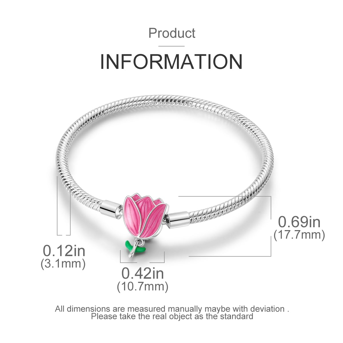 YDYDTTKD Pulsera con Dije de Cadena de Serpiente de Plata de Ley 925, corazón de Mariposa y Mejor Amiga con circonita cúbica 5A para Mujeres y niñas, Regalo para Ella, tulipán romántico, 7,5 Pulgadas
