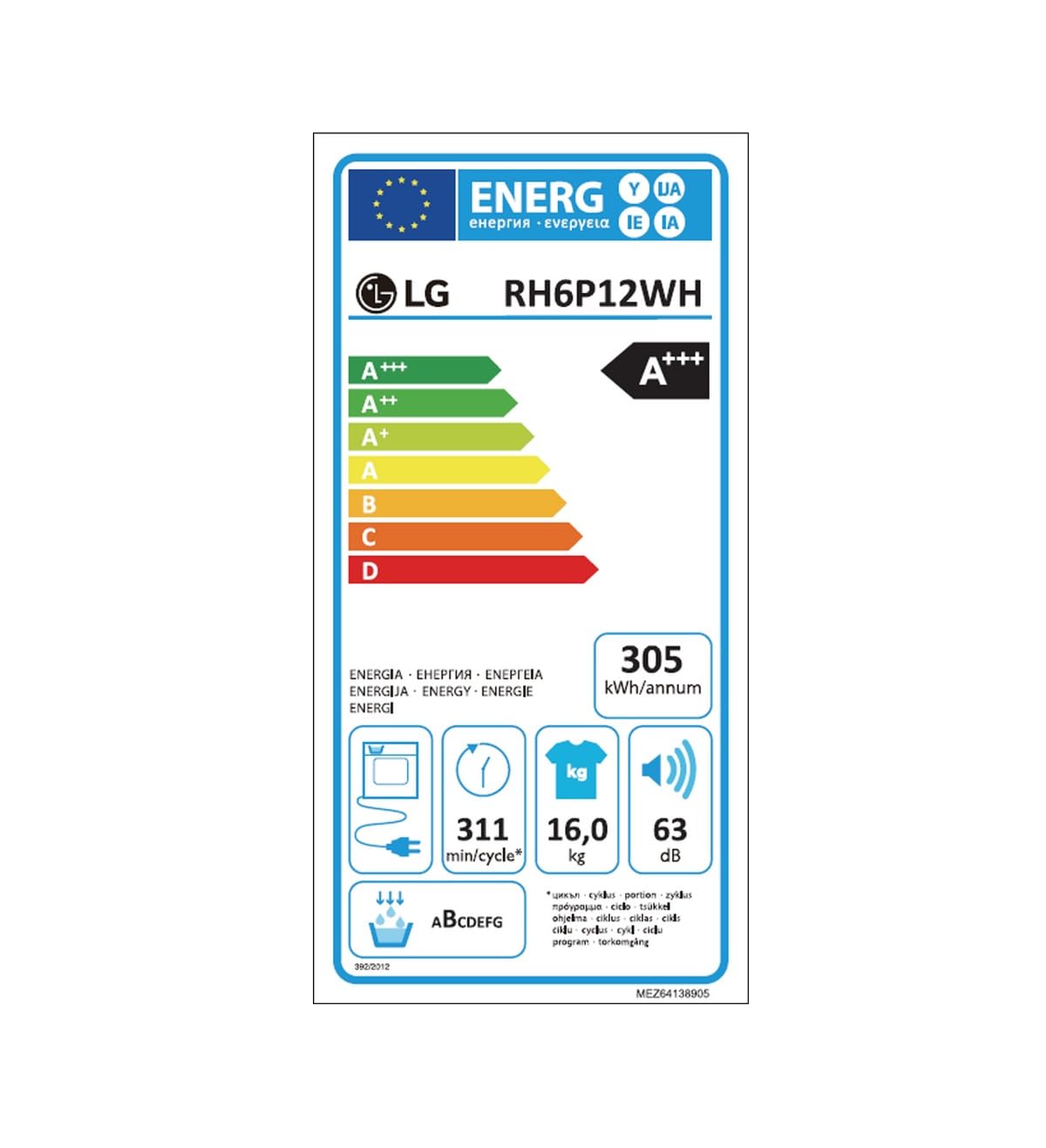 LG Sèche linge Condensation RH6P12WH