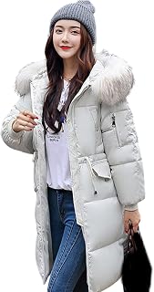 Chaqueta para mujer, chaqueta de plumas para mujer, chaqueta de algodón de invierno con capucha de piel, cordón en la cintura, abrigo mediano a prueba de viento, color blanco, L, Blanco, L