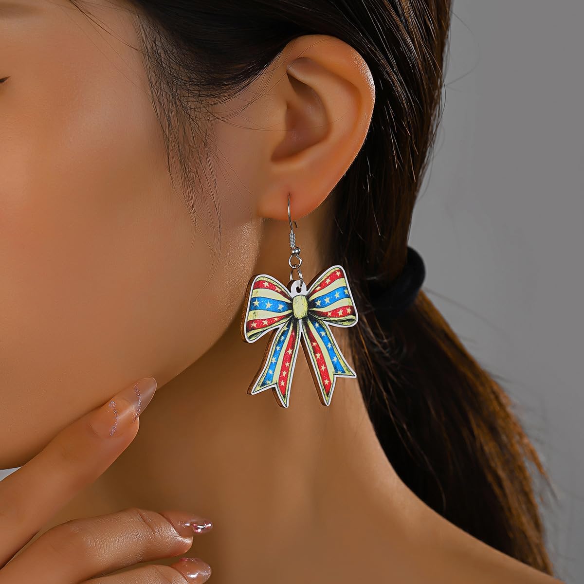 Handmade Wooden Independence Day Bowknot Dangle Drop Earrings Lightweight Wood 4th of July Red White Blue Boot Star Cowboy Hat Earringsfor Women Memorial Day Party Jewelry Patriotic Gifts - Image 5