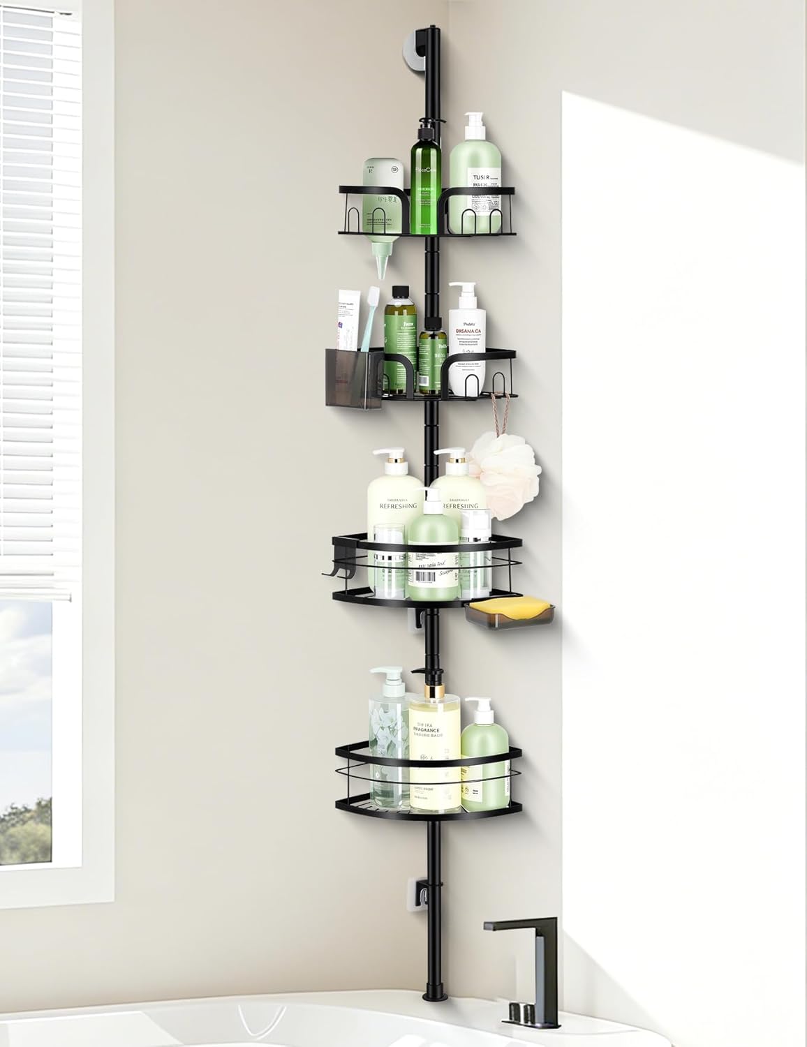 Shower Pole Caddy Corner, 4-Tier Adjustable Shower Shelves with Soap Holder & Hooks, Standing Shower Caddy Corner for Renters/Family, Self-Adhesive or Drill Mount 30-75 Inch, Black