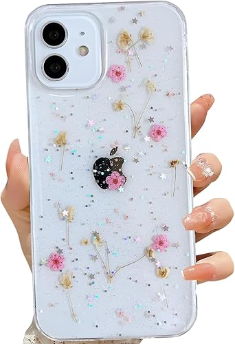 Miniatura 55 de Funda transparente para iPhone 16 Pro Max con diseño de flores reales presionadas, patrón floral rosa brillante y lindo, funda protectora de TPU