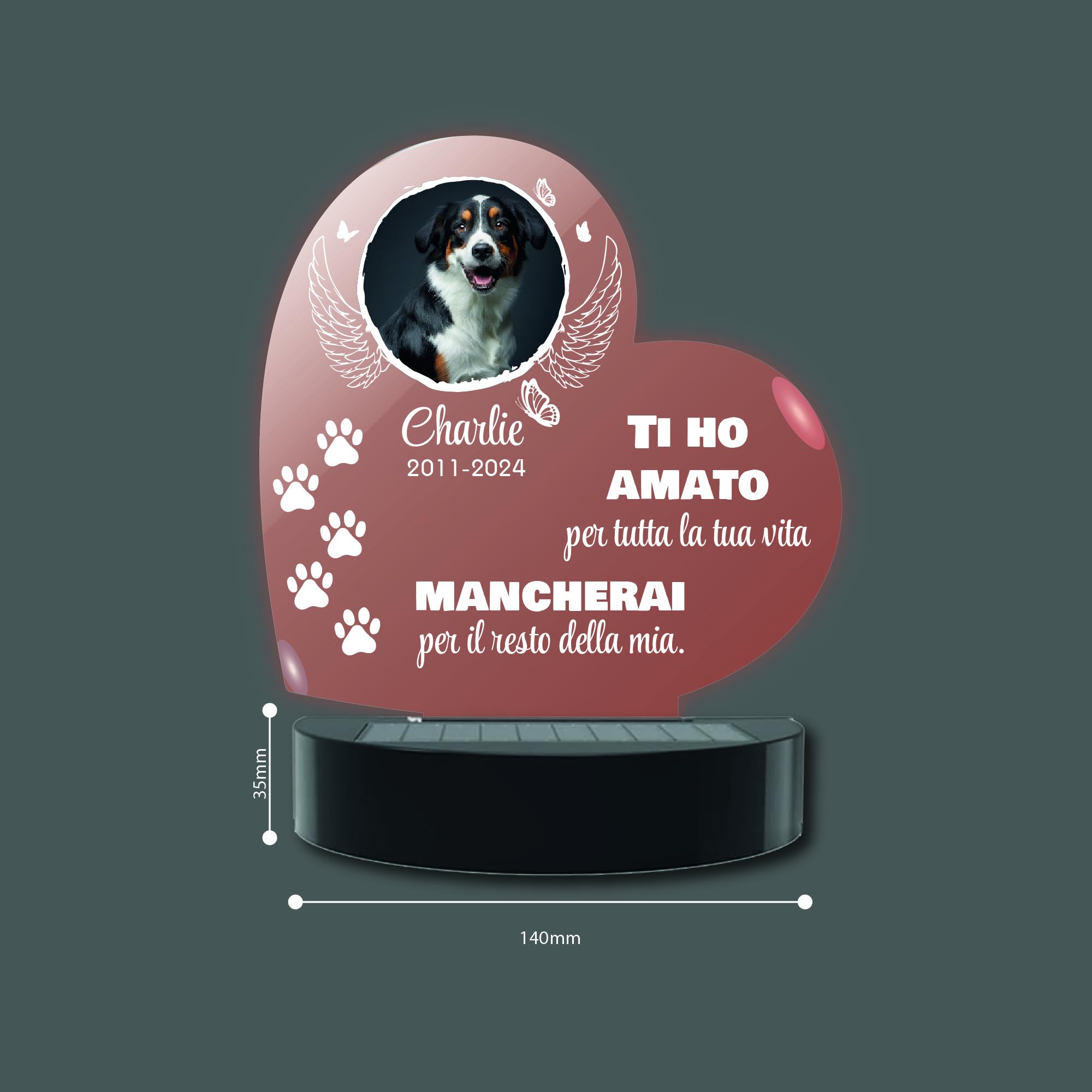 La Farfalla di Legno Lampada Commemorativa LED Solare per Cane e Gatto - Memoriale LED da Giardino Personalizzabile (Cuore)