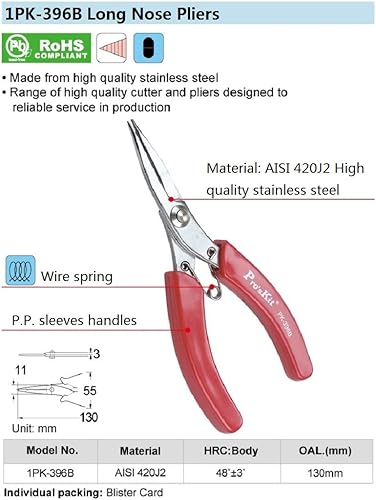 Miniatura 5 de 1PK-396B Pro'sKit - Alicates de punta larga de 5 pulgadas, de acero inoxidable, mango rojo, con dientes de boca larga, 5.118 in