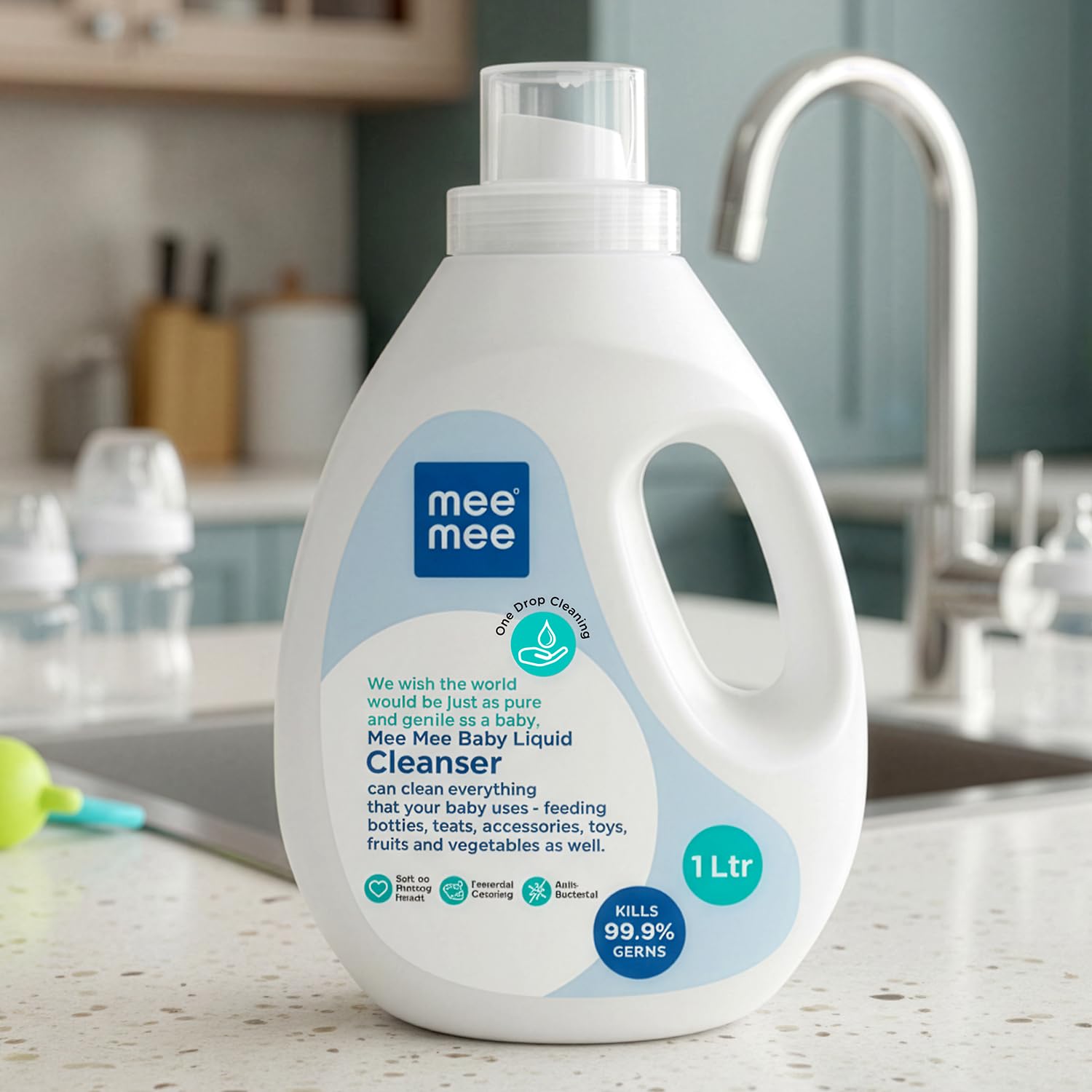 Baby Liquid Cleanser 1000ML Anti-Bacterial Kills 99.9% Germs | Cleanser for Baby Bottles, Nipples, Accessories, Toys, Fruits & Vegetables No Alcohol, One Drop Cleaning, Dermatologically Tested