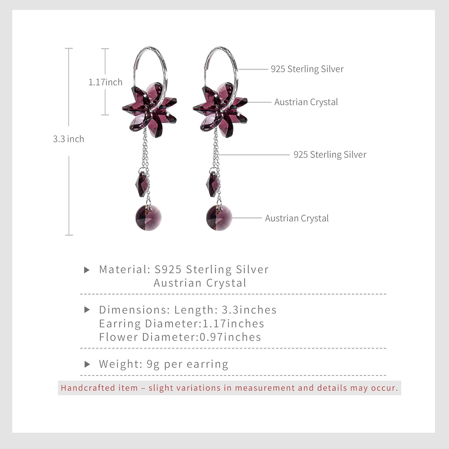 Austrian Crystal Flower Drop Dangle Earrings, 925 Sterling Silver, 1.17" Hoop, Boho Style