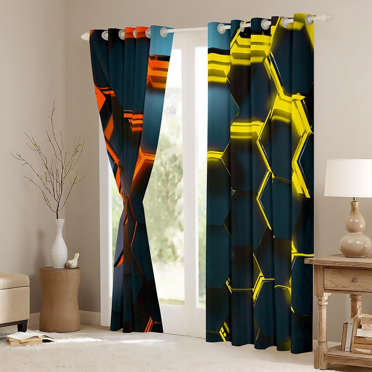 Honeycomb Fenster Vorhänge, Hexagon Gelb Orange Neon Lichter Küche Fenster Behandlungen, 3D Fenster Vorhänge für Zuhause, 2 Platten, L Größe,Guter Schattierungseffekt