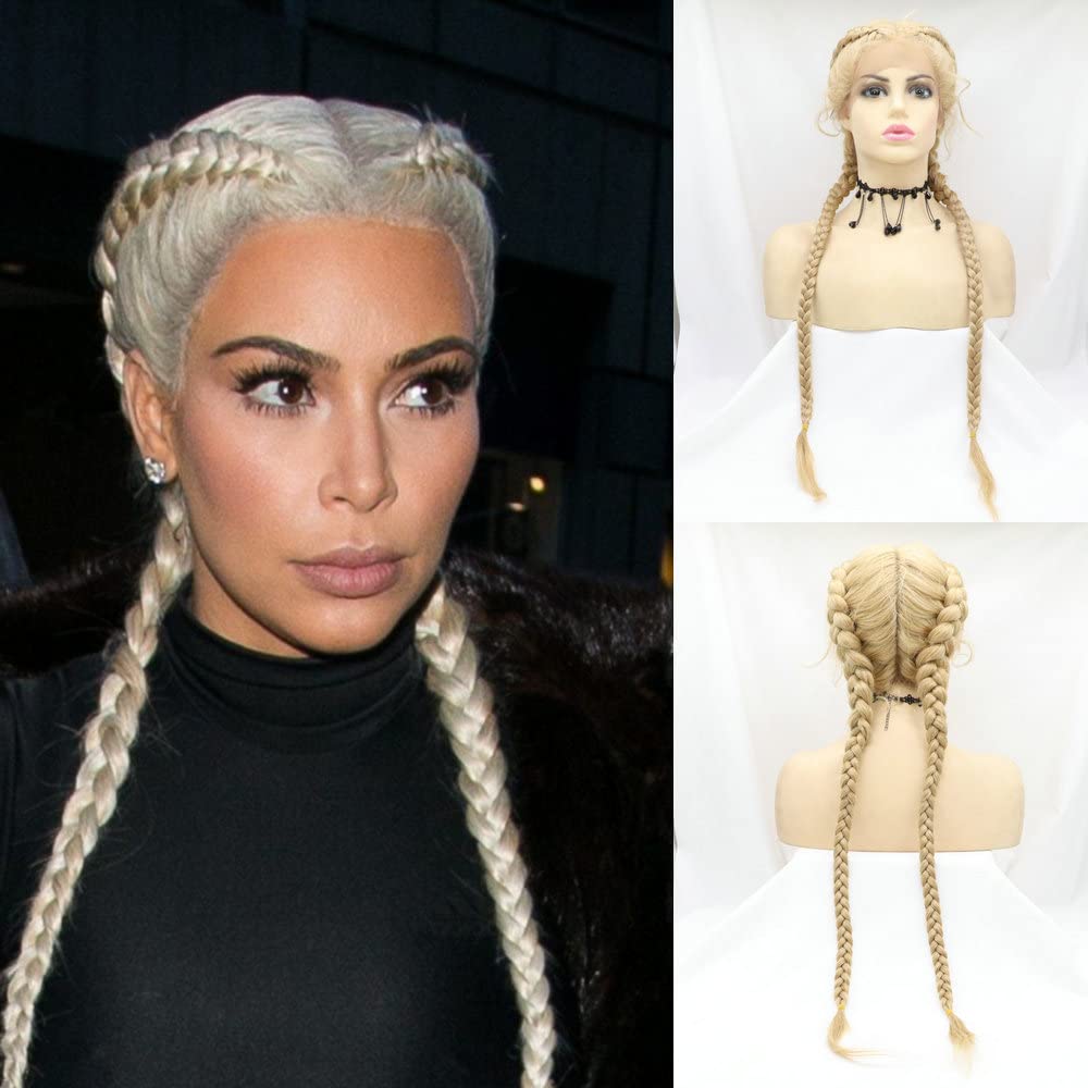 SERENEWIG 28 Inches Natural Blonde Mixed Synthetic Lace Front Braided Wig for Women with Double Dutch Braids and Baby Hair