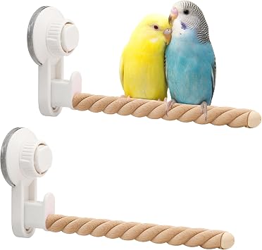 2Pcs Suction Cup Bird Perch,Natural Wood Parrot Window/Mirror/Car/Travel/Shower Perches Stand Portable Parakeet Grinding Stick Training Toys for Small and Medium BirdsTwist Grain