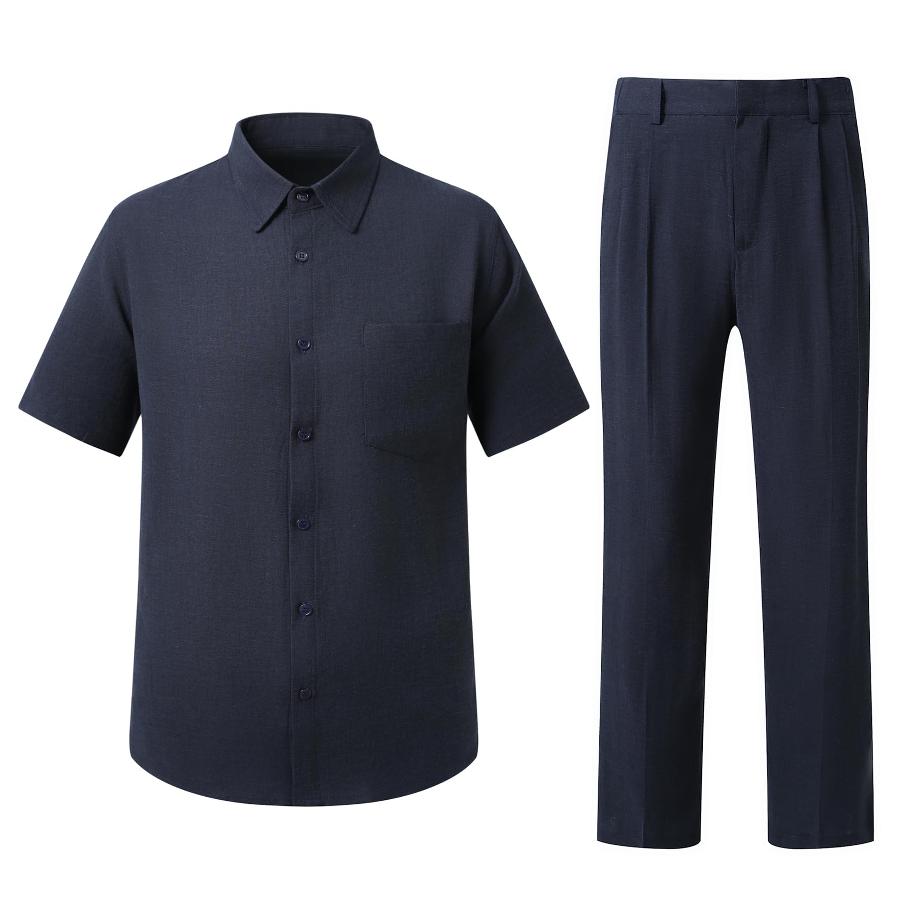 YFFUSHI Herren Hemd Hose Set Leinen Sommer Kurzarmhemd mit Tasche Lange Hose 2-teiliges Outfit Strand Business Casual