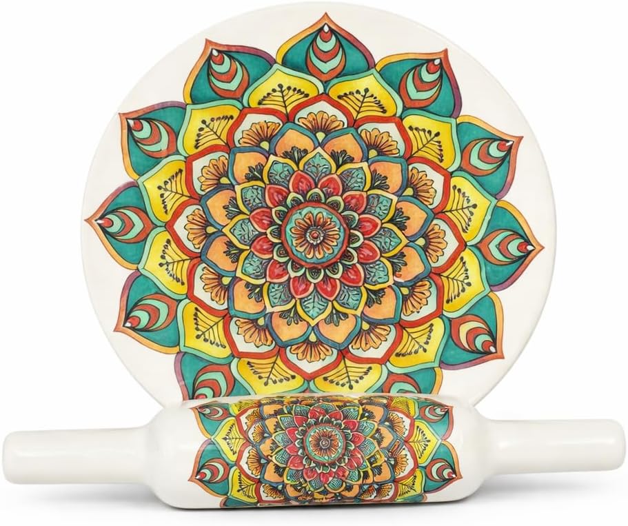 Marble Chakla Belan, 10 Inch Natural Marble Rolling Pin with Mandala Design, Perfect for Rotis, Not Microwave Safe