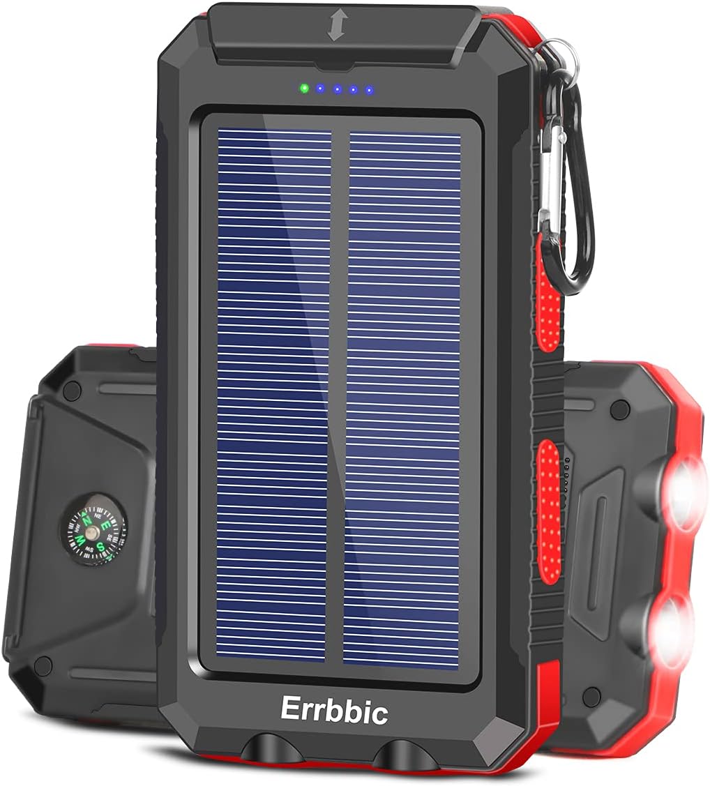 ERRBBICSolar Charger 20000mAh Portable Solar Power Bank Waterproof External Backup Battery Power Pack Charger Dual USB with 2 LED Flashlight for Cell Phone and Other Electronic Devices