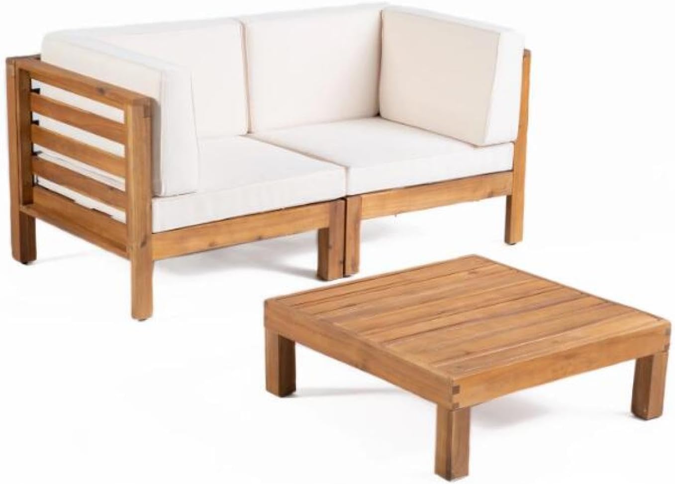 3-Piece Love Seat Set with Coffee Table, Beige Acacia Wood Beige Modular Loveseat Set for Porch, Patio, Or Deck Cozy Gathering