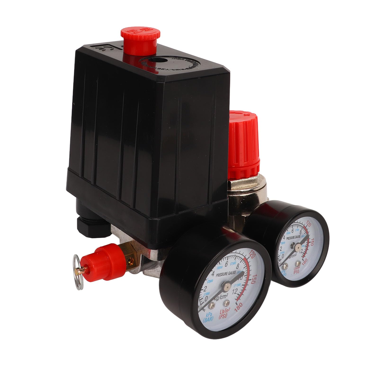 Interruptor de presión del compresor de aire Válvula de control automático de 4 vías 0180PSI con manómetro Construcción de aleación de zinc resistente para compresores de a