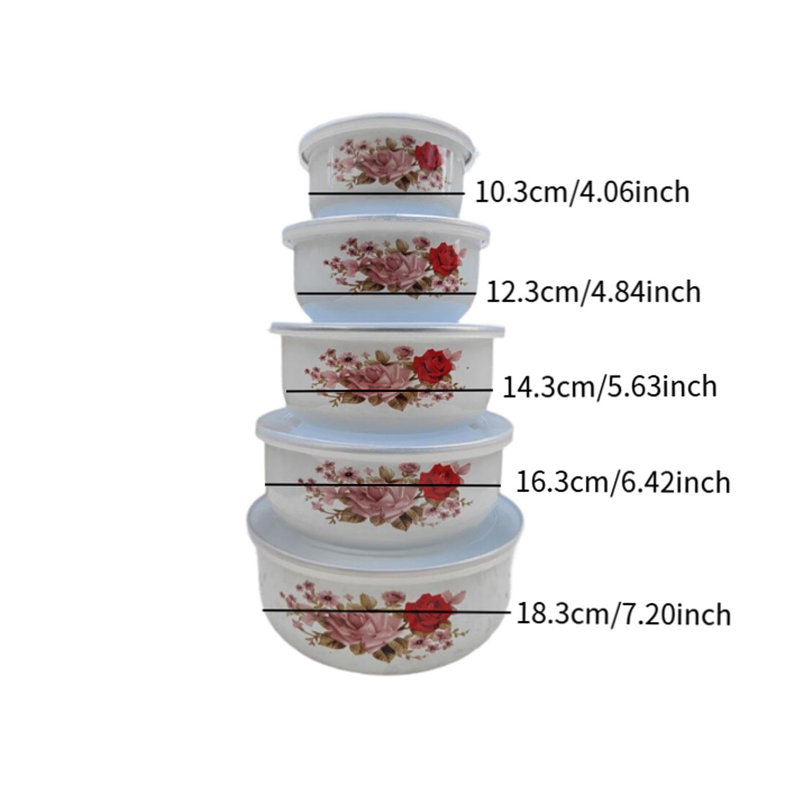 Set di 5 Ciotole Smaltate con Coperchio per La Preparazione E La Conservazione degli Alimenti, Style a