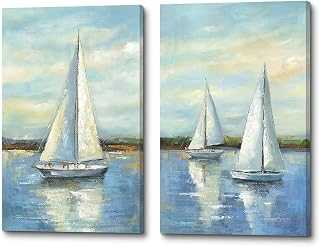 ArtSquare Bedroom Sailboat Canvas Wall Art: 2 Piece Ocean Nautical Painting Coastal landscape Textured Picture Seascape Artwork for living room Bathroom