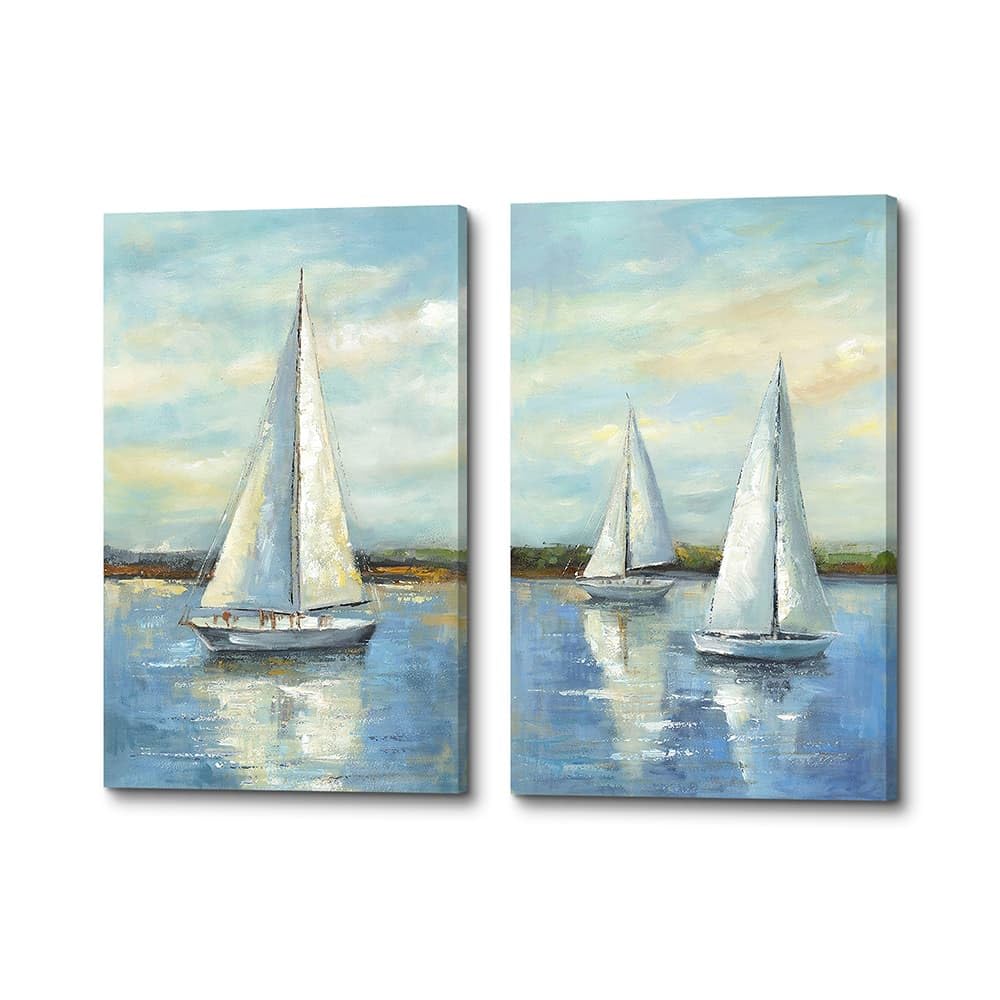 ArtSquare Bedroom Sailboat Canvas Wall Art: 2 Piece Ocean Nautical Painting Coastal landscape Textured Picture Seascape Artwork for living room