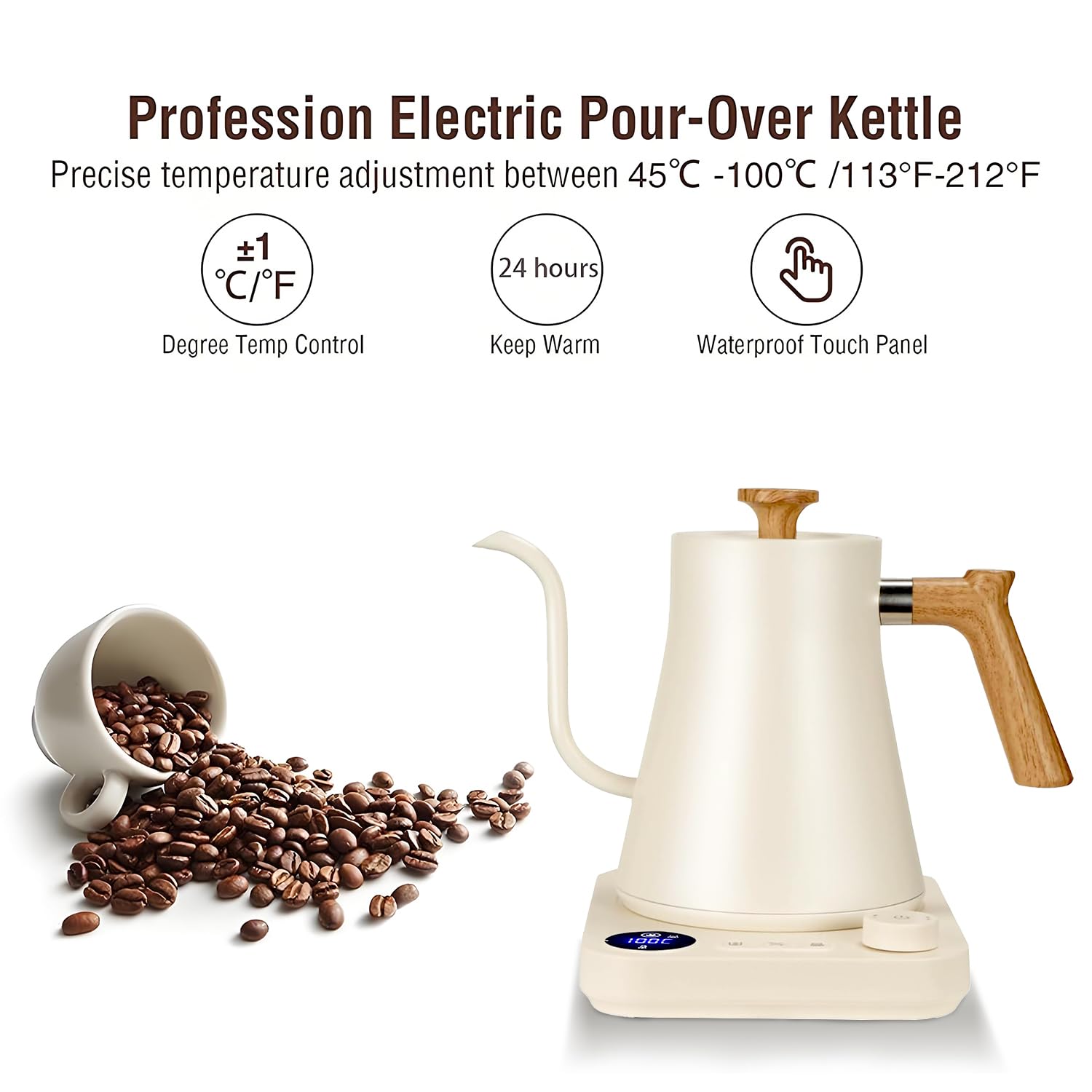 Electric Kettles, Gooseneck Electric Kettle, ±1? Temperature Control, Stainless Steel Inner, Quick Heating, for Pour Over Coffee, Brew Tea, Boil Hot Water, 0.9L (White)