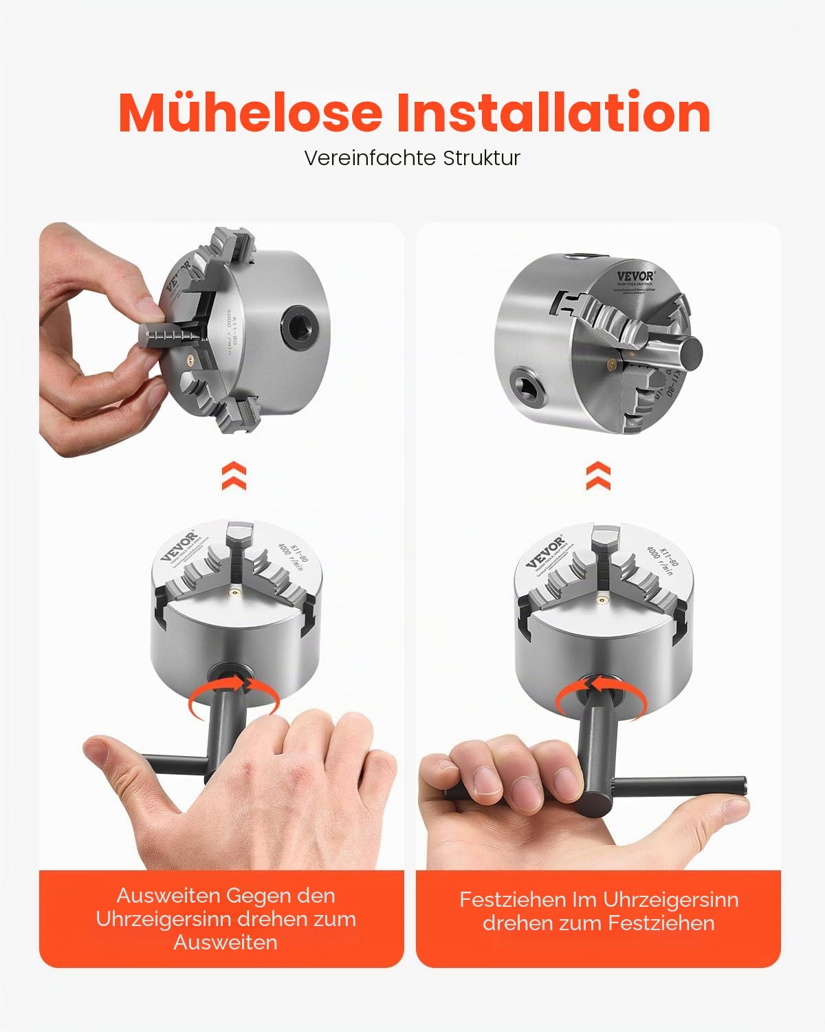 VEVOR 3-Backen-Drehfutter, 80 mm, selbstzentrierendes Spannfutter, 2-63 mm Spannbereich mit T-Schlüssel-Befestigungsschrauben, umkehrbare Backen, HT300-Material, für Holz-Metall-Drehmaschine