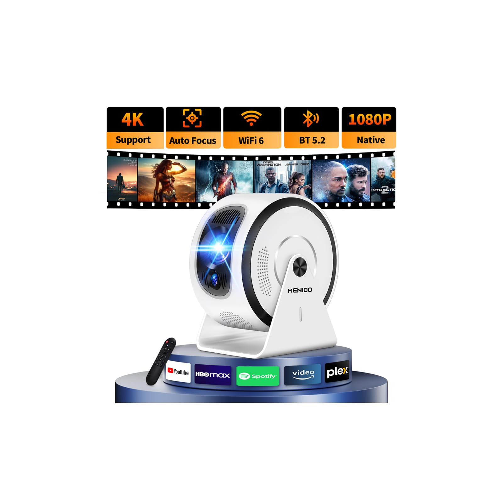 Mini Projector [Integrated Apps & 2026 Upgraded] Supporto 4K 1080P, Portable Projector Auto Focus/Keystone avec WiFi 6 et Bluetooth 5.4 Correction 360°Rotation, Mini Proiettore Home Theater- Bianco