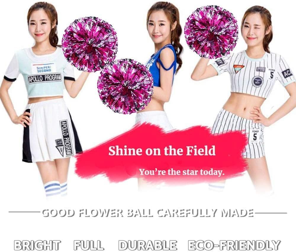 Fonyiunce Lot de 2 Pompons de pom-pom girl Avec Poignées Pom Girl Métallisée, Belle Pom-pom Girl à la Main, Rubans de Fleurs pour Compétition Sportive, Danse, Cheers, Adultes et Enfants
