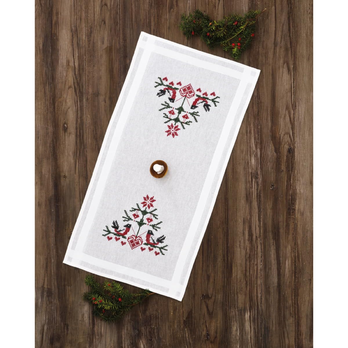 Permin Table Runner Cross Stitch Embroidery Kit Birds with Hearts Embroidery Picture Printed