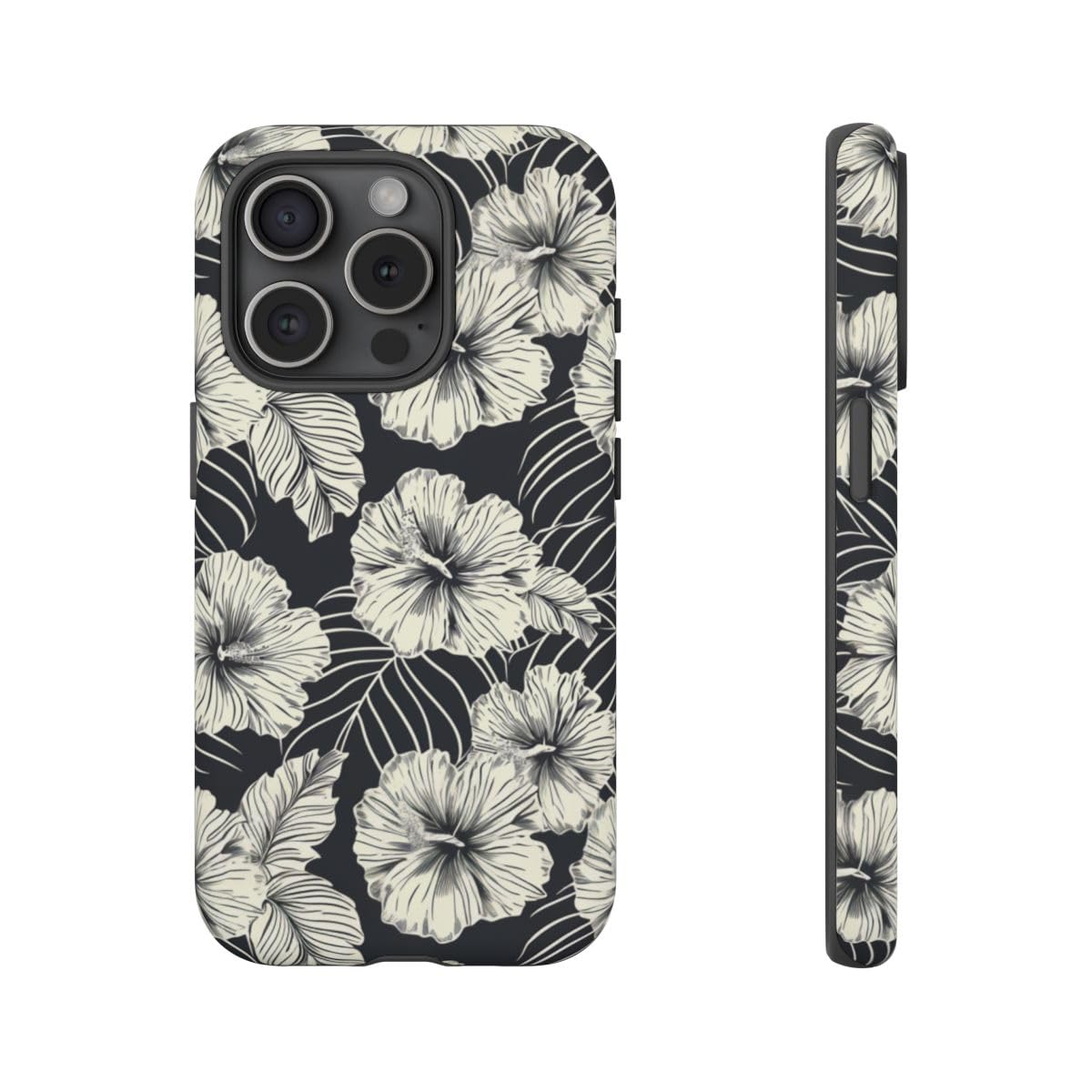 Coque iPhone 15 Pro noire matte à motif floral monochrome rigide - 4