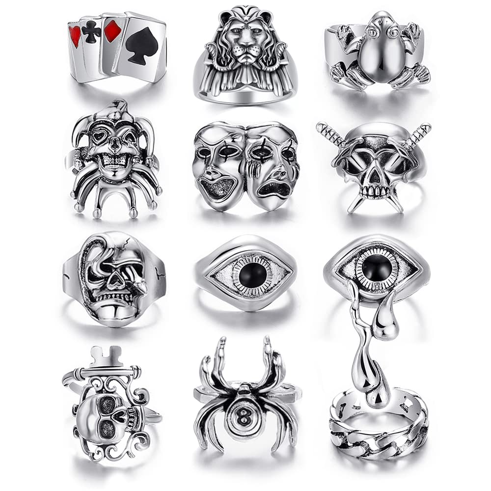 Vintage Silver Punk Ring Set for Men Cool Gothic Chunky Rings Bulk Skull Snake Ace Malachite Stackite Hippie Knuckle Ring Pack, Trendy Mens Jewelry Gift, 7-8, Metal, No Gemstone