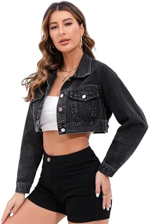 Women's Jean Jacket Button Down Cropped Distressed Frayed Denim Jacket Coat
