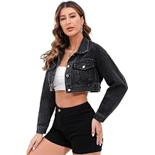 Womens Jean Jacket Button Down Cropped Distressed Frayed Denim Jacket Coat